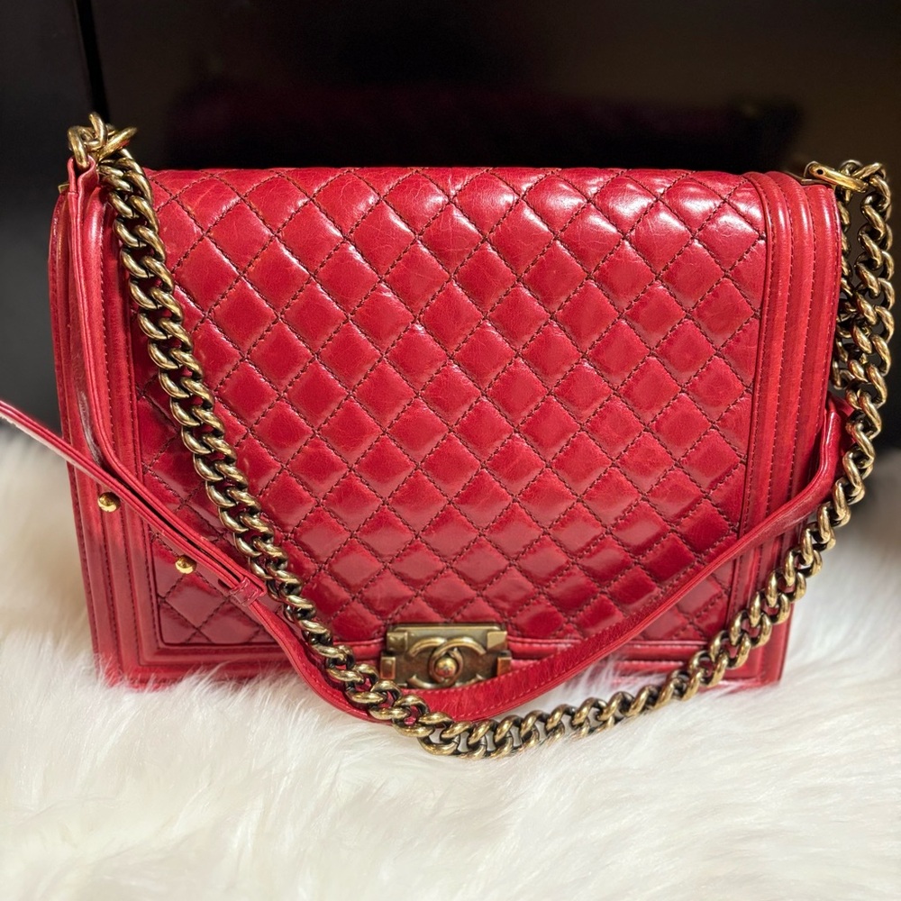 Chanel Dark Red Quilted Lambskin Leather Large Boy Bag